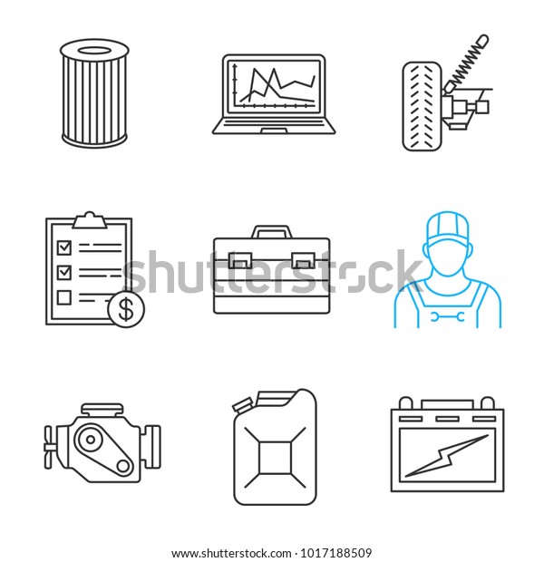 Auto workshop linear icons set. Air filter,\
diagnostics, car suspension, invoice, toolbox, repairman, engine,\
jerry can, auto battery. Thin line contour symbols. Isolated vector\
outline illustrations