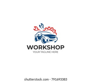 Auto workshop logo template. Auto service vector design. Car and tools illustration