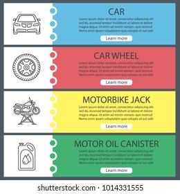 Auto workshop web banner templates set. Car, rim and tire, motorbike jack, motor oil. Website color menu items with linear icons. Vector headers design concepts