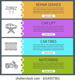 Auto workshop web banner templates set. Repair service, car lift, tires, motorbike. Website color menu items with linear icons. Vector headers design concepts