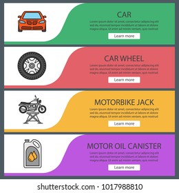 Auto workshop web banner templates set.  Car, rim and tire, motorbike jack, motor oil.Website color menu items. Vector headers design concepts