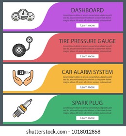 Auto workshop web banner templates set. Website color menu items. Dashboard, tire pressure gauge, alarm system, spark plug. Vector headers design concepts
