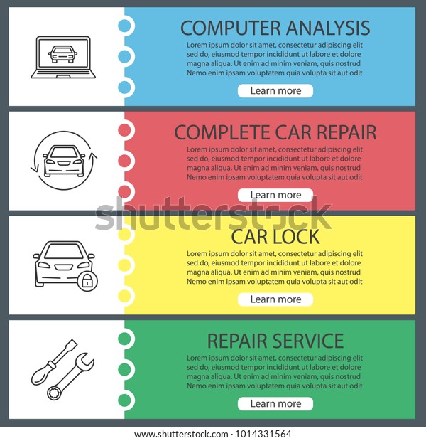 Auto workshop web\
banner templates set. Computer analysis, car repair, lock, spanner\
and screwdriver. Website color menu items with linear icons. Vector\
headers design concepts
