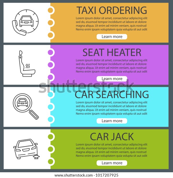 Auto workshop web banner\
templates set. Taxi ordering, seat heater, car searching, repair\
jack. Website color menu items with linear icons. Vector headers\
design concepts