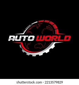 Auto world vector logo with world map, rpm and gear parts