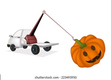 Auto Wrecker Tow Truck, Recovery Truck, Breakdown Lorry or A Breakdown Truck Recover Happy Jack-o-Lantern Pumpkins For Halloween Celebration. 