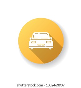 Auto yellow flat design long shadow glyph icon. Front view on car. Vehicle for transportation. Personal car. Headlight on automobile. Sedan for carsharing. Silhouette RGB color illustration