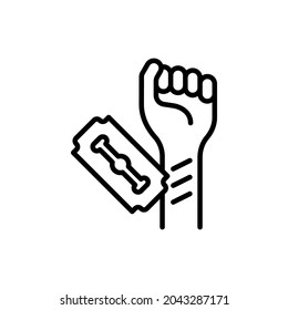 Autoaggression, self injurious behavior thin line icon, suicide, cutting of veins. Modern vector illustration of autism symptom.
