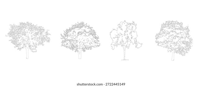 AutoCAD Landscape Tree Set Top View aislado sobre fondo blanco, CAD Vegetation Symbols para Plan de sitios arquitectónicos, Plan maestro y proyectos de diseño Urbana