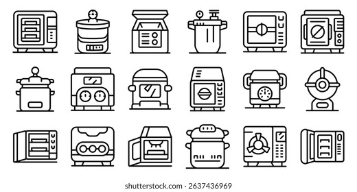 Autoclave icons set. Collection of outlined kitchen appliances in a grid format