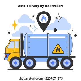 Auto-delivery by tank trailers, LNG transportation. Liquefied natural gas logistics. Natural resource extraction industry. Fossil fuel and eco-friendly energy concept. Flat vector illustration