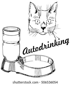 Autodrinking animal. Products for pets. Cat sketch. Fountain for cats and dogs.