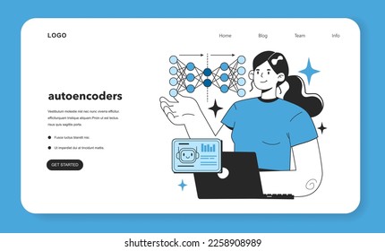 Autoencoders web banner or landing page. Artificial neural network training. Self-learning computing system for data processing. Deep machine learning modern technology. Flat vector illustration