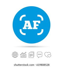 Autofocus photo camera sign icon. AF Settings symbol. Copy files, chat speech bubble and chart web icons. Vector