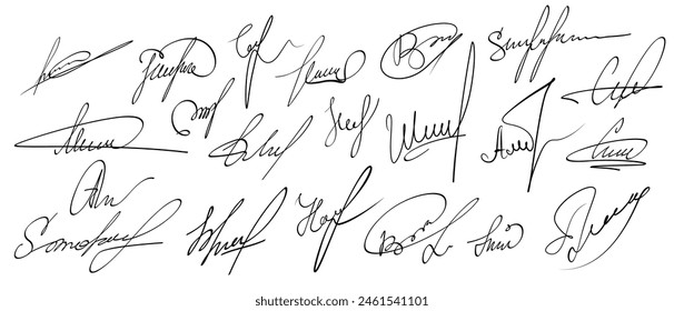 Autograph or business signature of facsimile handwritten by pen, isolated vector set. Name or Surname personal signatures in letters, handwriting ink pen or facsimile fake examples for documents