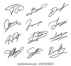 Autograph or business signature pack set. Isolated vector handwritten signatures of fake persons. Name and surname scribbles for personal document, business contract, certificate or agreement