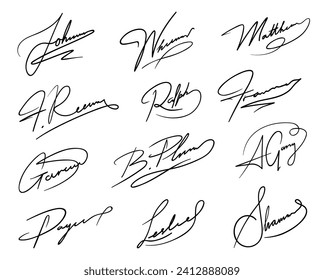 Autograph or business signatures pack set of pen handwritten names, isolated vector. Document signatures or handwriting personal name letters and surname for facsimile or business letter signature