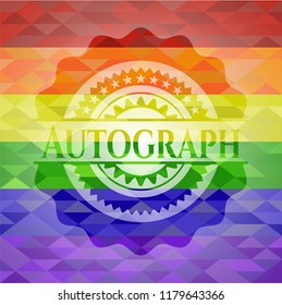 Autograph emblem on mosaic background with the colors of the LGBT flag