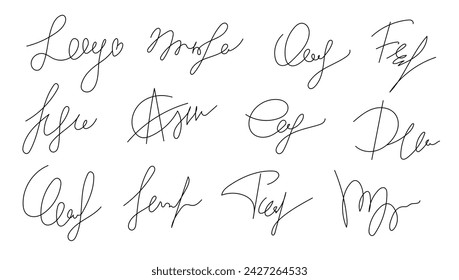 Autógrafo ficticio manuscrito firma falsa. Firma vectorial sobre un fondo blanco. Conjunto de autógrafos. Autógrafos de negocios aislados sobre fondo blanco.