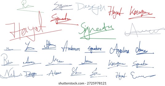 Autogrammsatz. Sammlung verschiedener gefälschter handgeschriebener Unterschriften Sammlung von sechs verschiedenen handgeschriebenen Unterschriften mit blauer Tinte, die elegante kursive Kalligrafiestile für die Dokumentenauthentifizierung anzeigen.