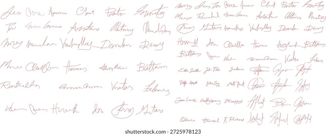 Conjunto de autógrafos. Colección de diferentes firmas manuscritas falsas Colección de seis firmas manuscritas de tinta azul distintas que muestran elegantes estilos de caligrafía cursiva para la autenticación de documentos.