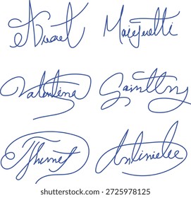 Conjunto de autógrafos. Colección de diferentes firmas manuscritas falsas Colección de seis firmas manuscritas de tinta azul distintas que muestran elegantes estilos de caligrafía cursiva para la autenticación de documentos.
