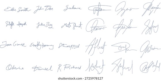Conjunto de autógrafos. Colección de diferentes firmas manuscritas falsas Colección de seis firmas manuscritas de tinta azul distintas que muestran elegantes estilos de caligrafía cursiva para la autenticación de documentos.