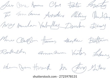 Conjunto de autógrafos. Colección de diferentes firmas manuscritas falsas Colección de seis firmas manuscritas de tinta azul distintas que muestran elegantes estilos de caligrafía cursiva para la autenticación de documentos.