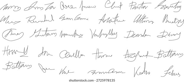Conjunto de autógrafos. Colección de diferentes firmas manuscritas falsas Colección de seis firmas manuscritas de tinta azul distintas que muestran elegantes estilos de caligrafía cursiva para la autenticación de documentos.