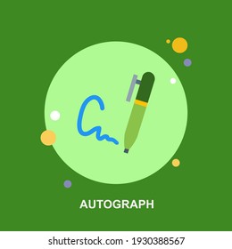 Autograph signature with green pen in blue ink on green background flat concept design