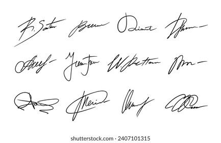 Autograph or signature pack. Isolated vector set of the unique, personal marks representing identity or approval, serve as distinctive symbols, embodying personality and validating document or artwork