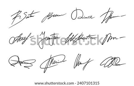 Autograph or signature pack. Isolated vector set of the unique, personal marks representing identity or approval, serve as distinctive symbols, embodying personality and validating document or artwork