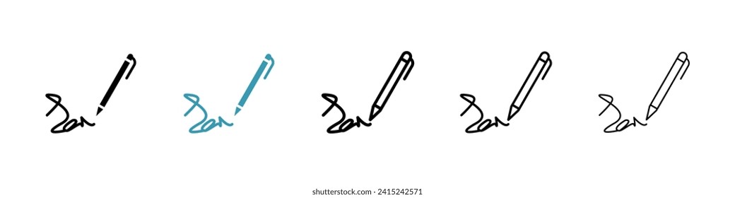 Conjunto de iconos de vectores de autografo y firma. Símbolo del vector de lápiz y documento para el diseño de la interfaz de usuario.