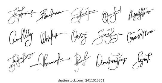 Autograph signatures pack, name facsimile handwritten by pen names, isolated vector set. Document signatures of personal name letters and surname in handwriting or facsimile for fake example