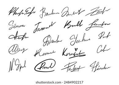 Autogramme handschriftliche Stiftsignaturen Dokumente. Handsignatur Vorlagen, abstraktes Autogramm. Vektorillustration