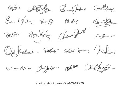 Autographs Set. Personal signature. Signature set. Scribbles of signatures as elements of documents. Set of imaginary signature. Set of autographs. Collection of Business Contract Signatures