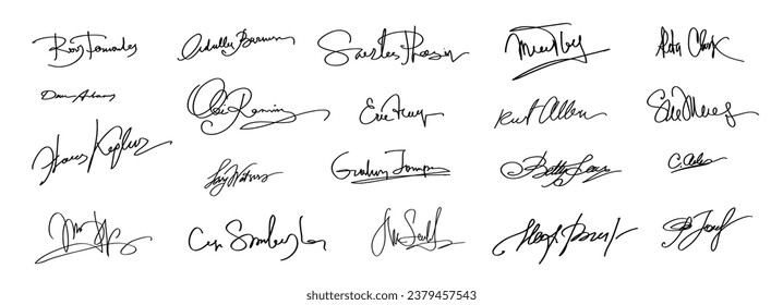 Autographs Set. Personal signature. Signature set. Scribbles of signatures as elements of documents. Set of imaginary signature. Set of autographs. Collection of Business Contract Signatures