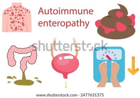 Autoimmune enteropathy, Diarrhea,gut lining, weight loss,Decreased urine output, malabsorption. blood in the stool,Skin rash,Crohn's disease, celiac disease, and ulcerative colitis.