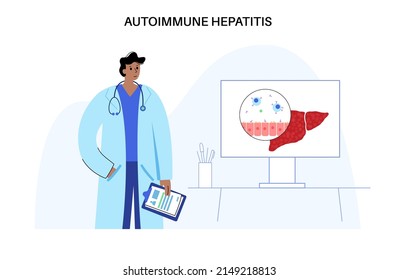 Autoimmune hepatitis disease. Doctor appointment in office. Awareness concept. Liver inflammation, viral infection. Virus and pain in human organs. Disease of digestive system flat vector illustration