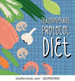 Autoimmune protocol diet banner. Tartan tablecloth with chicken breasts fillet on it, shrimps, vegetables and greens like yams, cucumber, garlic, pak choi salad and onion, lime, cultured mushrooms.