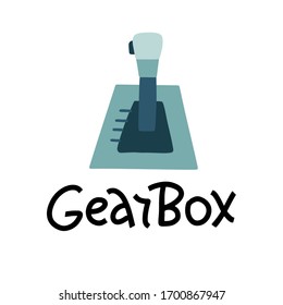 Automat gearshift illustration with hand letttering text Gearbox . Color flat design.