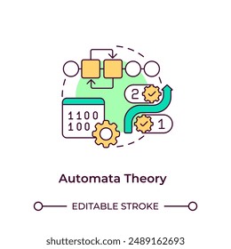 Icono de concepto multicolor de teoría de autómatas. Números binarios. Algoritmo. Informática teórica. Ilustración de línea de forma redonda. Abstractas idea. Diseño gráfico. Fácil de usar en el artículo