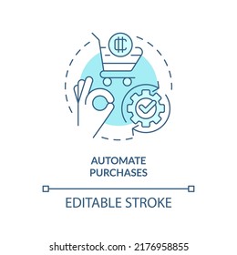 Automate purchases turquoise concept icon. Schedule algorithm. Cryptocurrency tip abstract idea thin line illustration. Isolated outline drawing. Editable stroke. Arial, Myriad Pro-Bold fonts used