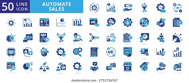 Automate sales icon set flat vector collection. Containing automation, sales, lead, conversion, crm, cycle icons.