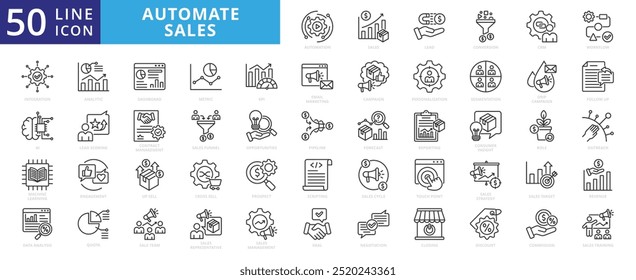 Automatisieren Sie die Vektorsammlung für die Gliederungsgliederung von Verkaufssymbolen. Enthaltend Automatisierung, Verkauf, Blei, Konvertierung, crm, Zyklussymbole.