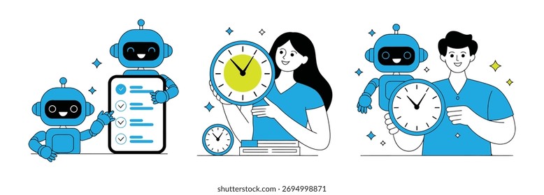 Automate Your Tasks with AI Robotics for Increased Efficiency and Productivity, Featuring Happy People and Cheerful Robots Managing Time