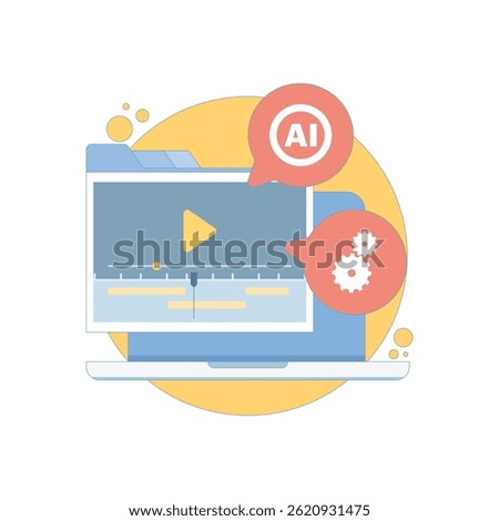 Automated AI video editor concept. Clip maker for cutting footage, social media publishing, and AI-powered video marketing automation. Smart editing interface and timeline. Design vector illustration.
