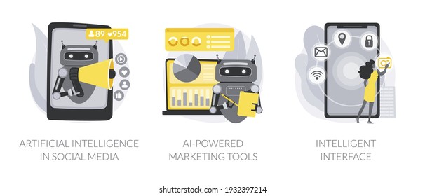 Automated algorithm abstract concept vector illustration set. Artificial intelligence in social media, AI-powered marketing tools, intelligent interface, usability engineering abstract metaphor.