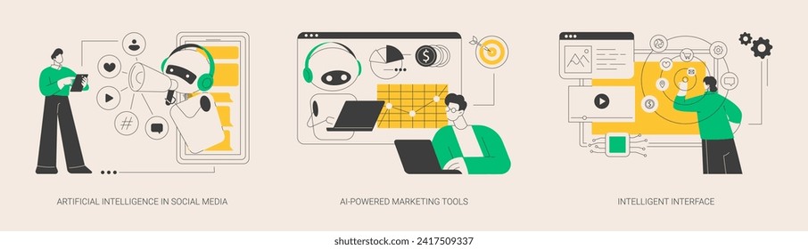 Conjunto de ilustraciones vectoriales de concepto abstracto de algoritmo automatizado. Inteligencia artificial en medios sociales, herramientas de marketing impulsadas por IA, interfaz inteligente, metáfora abstracta de ingeniería de usabilidad.