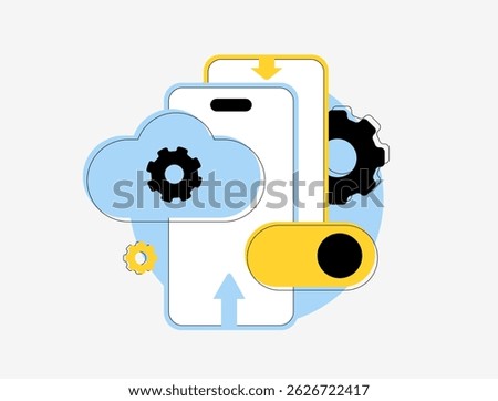 Automated app sync across devices - vector illustration of smartphones seamlessly synchronizing data through cloud technology, highlighting minimal UI friction and integrated mobile ecosystems